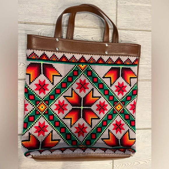 Colorful Geometric Cross-stitch Aztec Patterned Tote Bag with Brown Accents - Picture 1 of 14